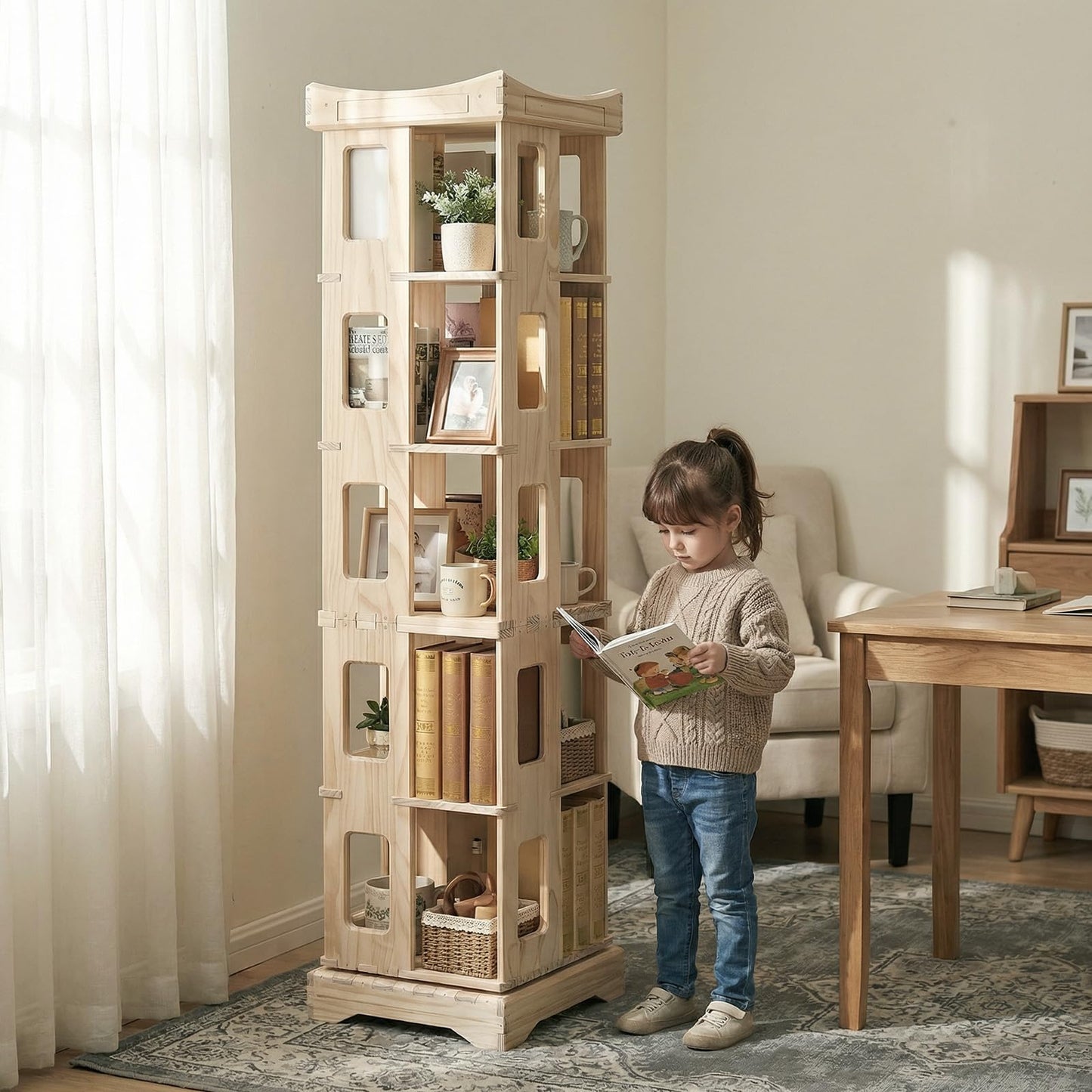 unununu Wooden Rotating Bookshelf, Larger Solid Wood Revolving Bookcase,360°Spinning Book Shelf Tower,Floor Standing Storage Rack,Corner Organizer for Small Space,Study,Office,17"x17"x69.75"(5-Tier)