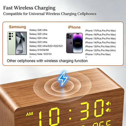 Andoolex Wooden Digital Alarm Clock with Wireless Charging, 0-100% Adjustable Brightness Dimmer and Alarm Volume, Weekday/Weekend Mode, Dual Alarm, Snooze, 12/24H, Wood LED Clock for Bedroom (Brown)