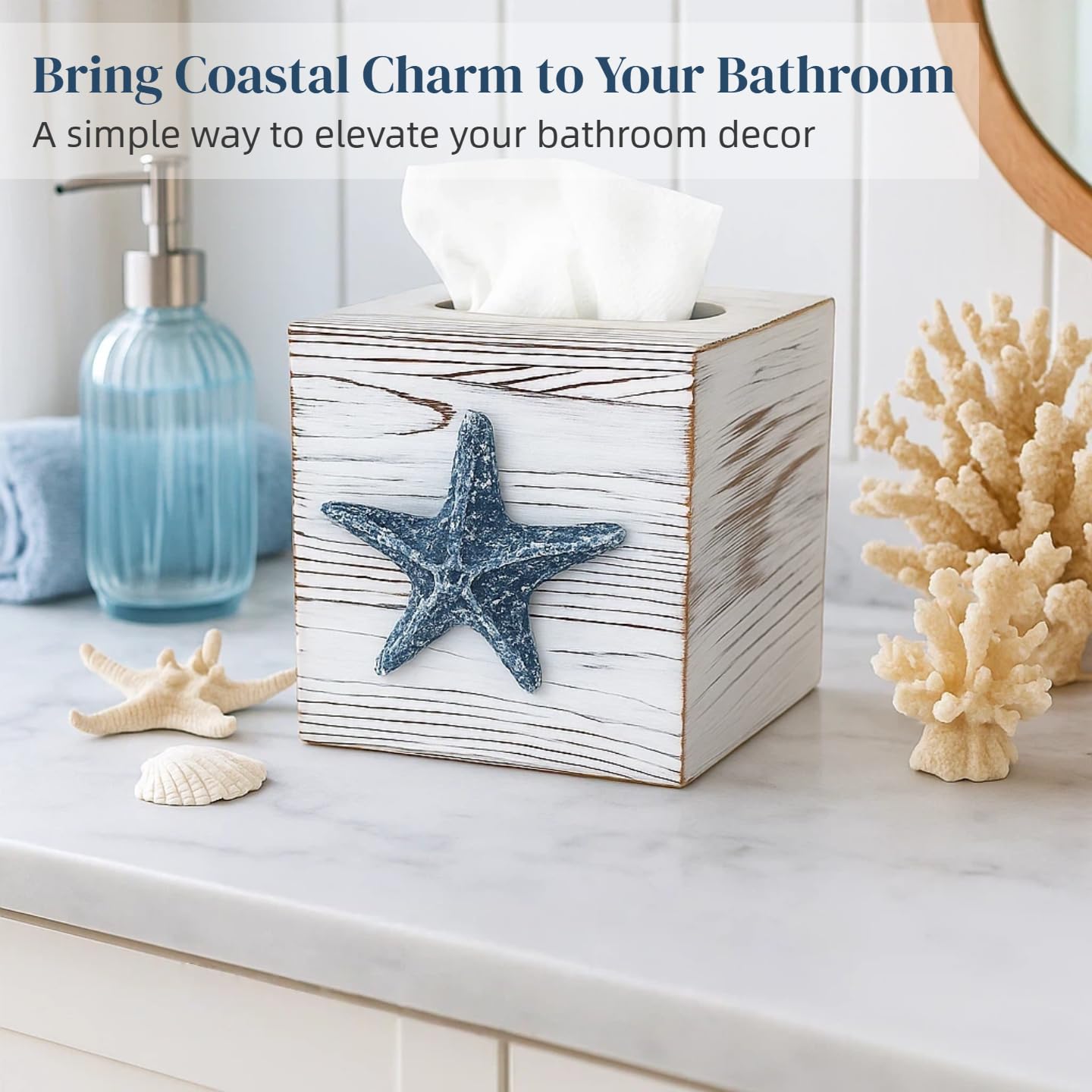 Ovimyne Coastal Tissue Box Cover Wooden Retro with Sliding Bottom Panel Beach Decor for Bathroom Bedroom Living Room,Starfish Decor Suitable for Coastal Gifts Beach House Gifts