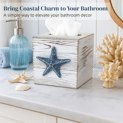 Ovimyne Coastal Tissue Box Cover Wooden Retro with Sliding Bottom Panel Beach Decor for Bathroom Bedroom Living Room,Starfish Decor Suitable for Coastal Gifts Beach House Gifts