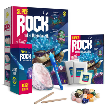 EDUMAN Super Rock Multi Activity Kit - 24 Genuine Rock Specimens, Geode Making & Crystal Growing STEM Science Toy for Kids Ages 8+ - Includes UV Light, Magnifying Glass & Darkroom Observation Box