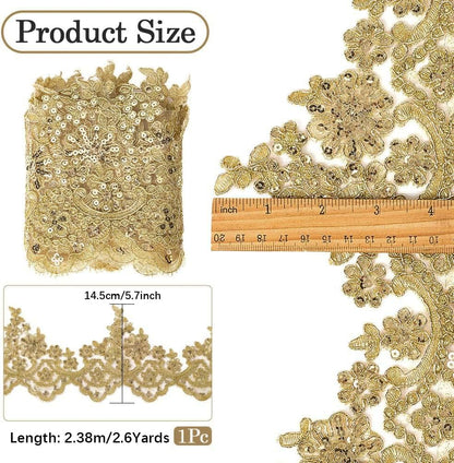 GORGECRAFT 5.7 Inch Width Gold Metallic Venice Lace Trim 2.6 Yards Sequin Flower Embroidery Lace Ribbon Applique Sewing Floral Crown Edge Trimming for DIY Crafts Clothes Wedding Home Decor