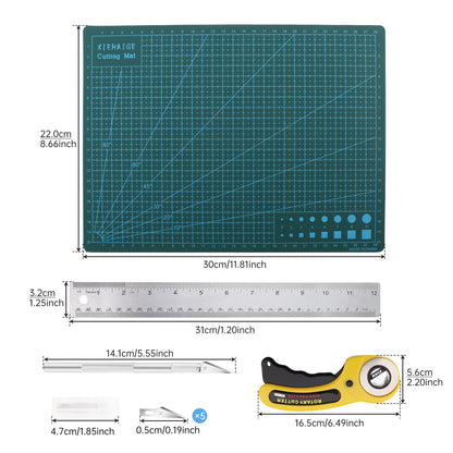 Smgda Rotary Cutter Set, 45mm Fabric Cutter, A4 Cutting Mat 11.8x8.6inch, Dual Scale Quilting Ruler and Craft Knife Set, Ideal for Crafting, Sewing, Scrapbooking, Patchworking