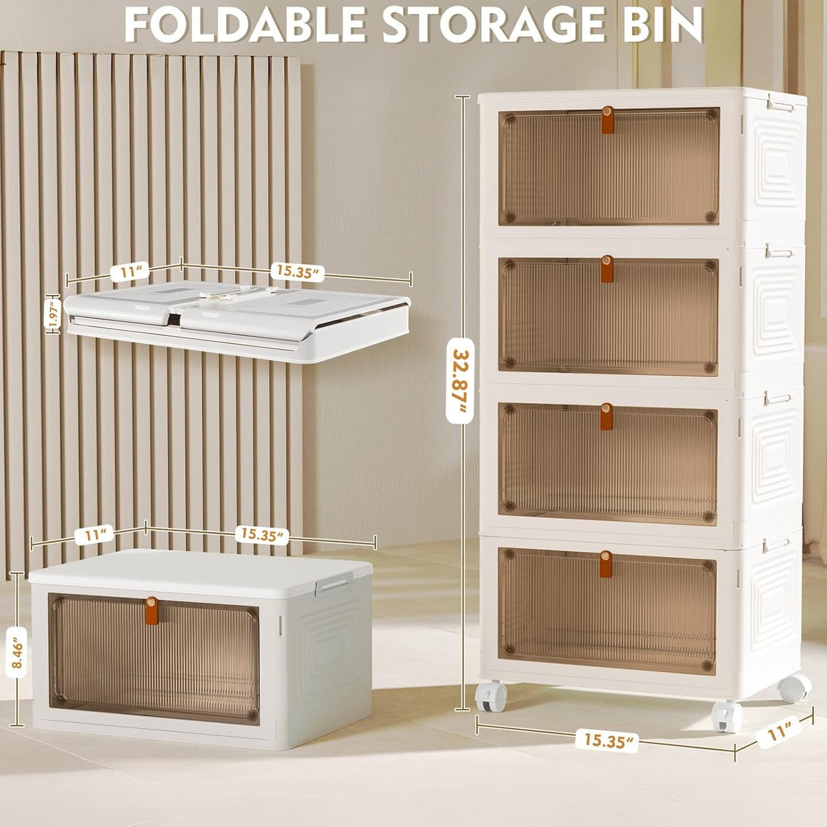 YFXCVSL 4 Tier Plastic Storage Bins with Lid 23QT, Stackable Storage Containers with Wheels, Folding Storage Boxes, Stackable Storage Bins, Organizers and Storage for Living Room,Office,Dorm
