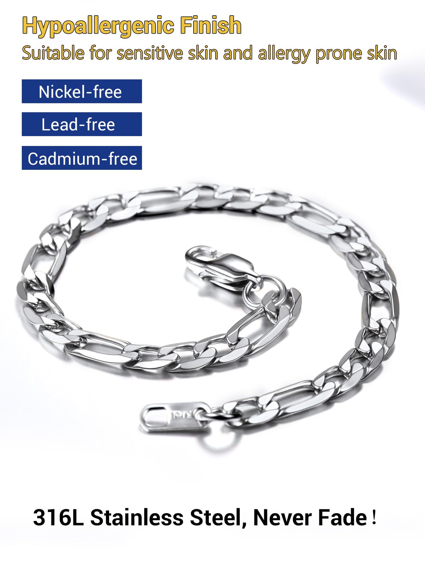 PROSTEEL Stainless Steel Figaro Link Chain Bracelet 6mm 7.5 Inch Men Jewelry