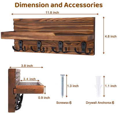 WeBravery Decorative Key Hanging Rack with 4 Double Hooks – Easy Install Natural Wooden Key and Mail Holder for Wall Mount – Entryway Decor Rack with Shelf (Brown)