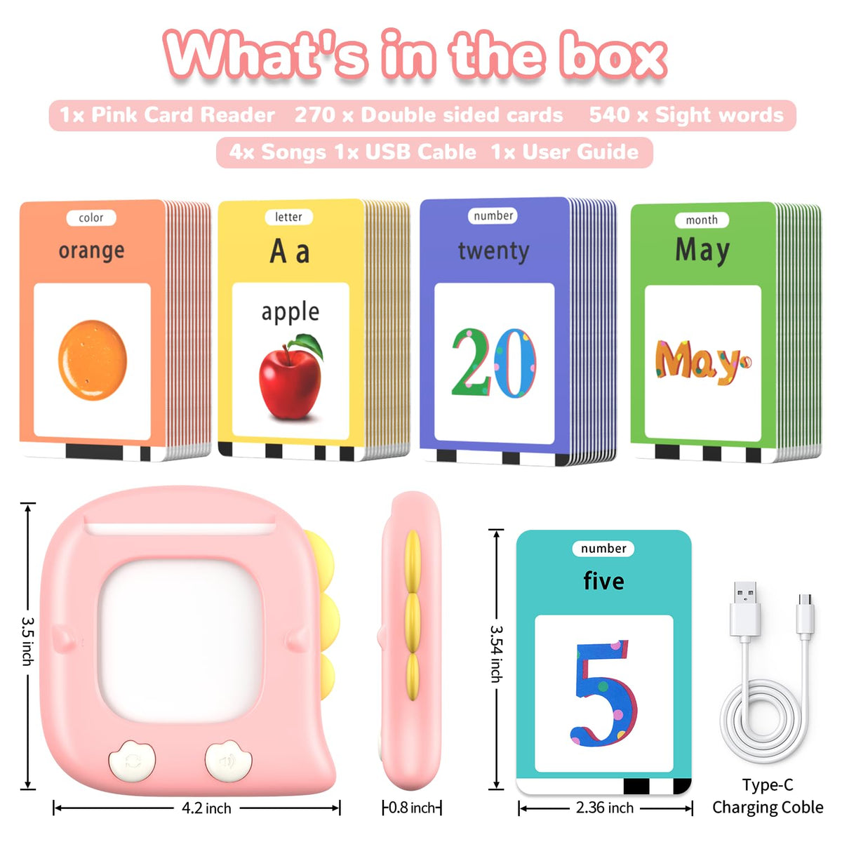 Kidzdo 520 ABCs Sight Word Talking Flash Cards for Toddlers, Easter/Birthday Gifts for 2 3 4 5 6 Year Old Girls, Early Educational Toys, Pocket Speech Learning Toys for Autistic Kids Ages 2-6, Pink