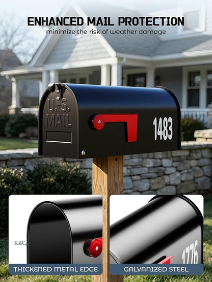 AZUNO Mailboxes for Outside, Black Metal Post Mount Mailbox with Red Flag & Address Numbers, Medium Capacity Mailbox for House,Galvanized Steel,19 * 8.9 * 7.1 inches