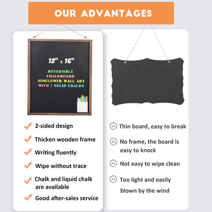SELEAD 2-Pack Solid Wood Frame Chalkboard Signs with Dustless Chalk - 12"x16" Small Wall Hanging Chalk Board, Double-sided Message Menu Board + Rustic Sunflower Art Decor for Business, Home, Farmhouse