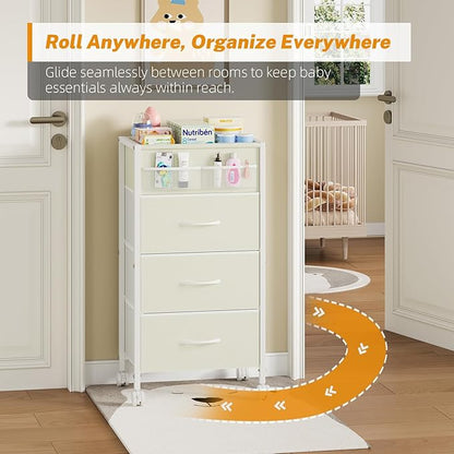 4-Tier Baby Diaper Caddy Organizer Cart with 3 Storage Drawers, Rolling Cart with Dividers & Side Pockets for Nursery, Baby Essentials, Toys, Wipes & Creams, Portable Kids Storage Cart & Station