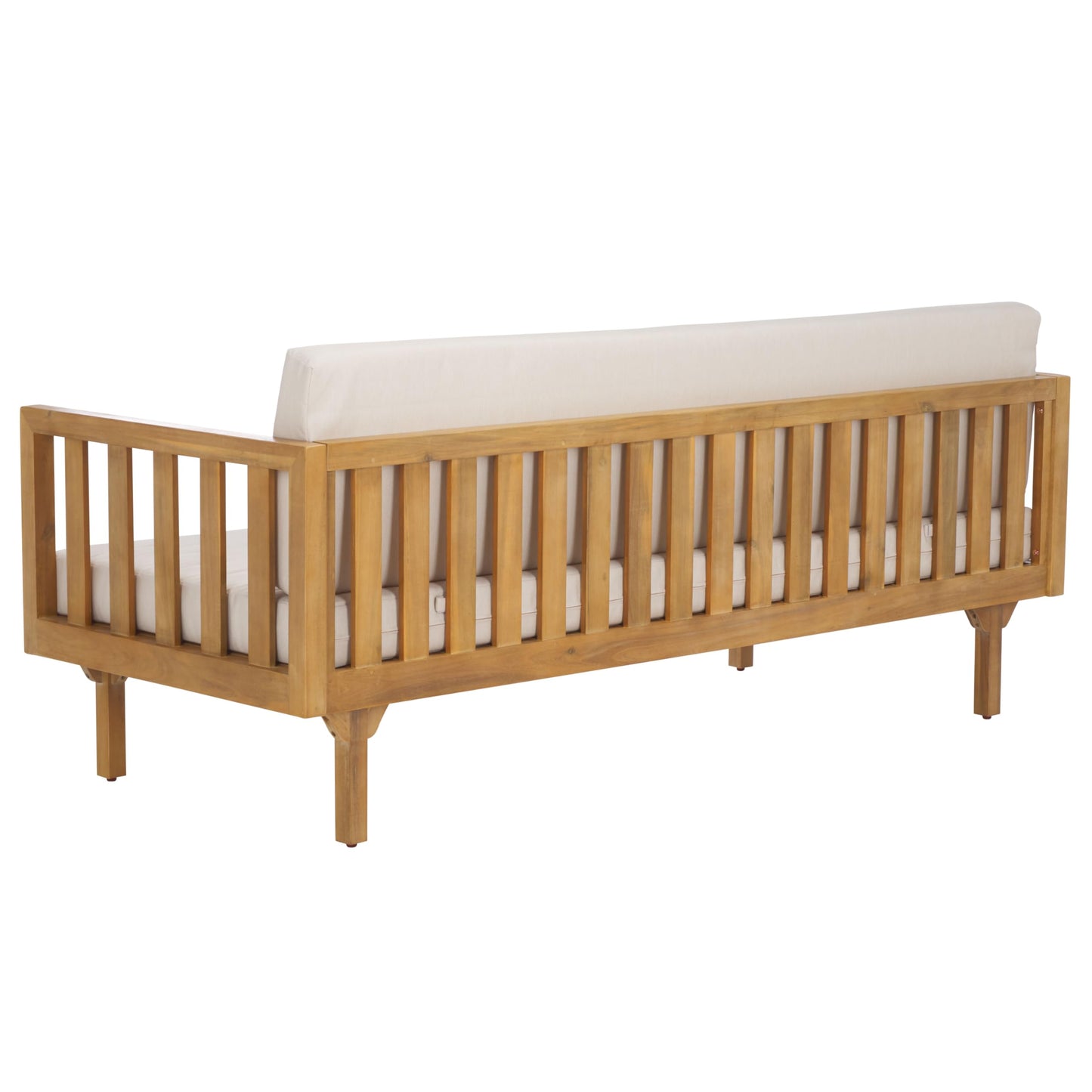 SAFAVIEH Outdoor Patio Furniture Collection - Napoli Oak Brown & Cream 3-Seater Wooden Bench with Cushions, Modern Slatted Design (PAT6804B)