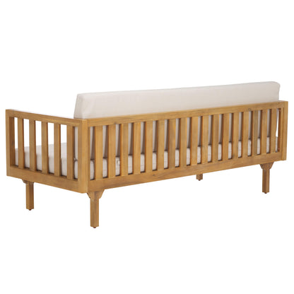 SAFAVIEH Outdoor Patio Furniture Collection - Napoli Oak Brown & Cream 3-Seater Wooden Bench with Cushions, Modern Slatted Design (PAT6804B)