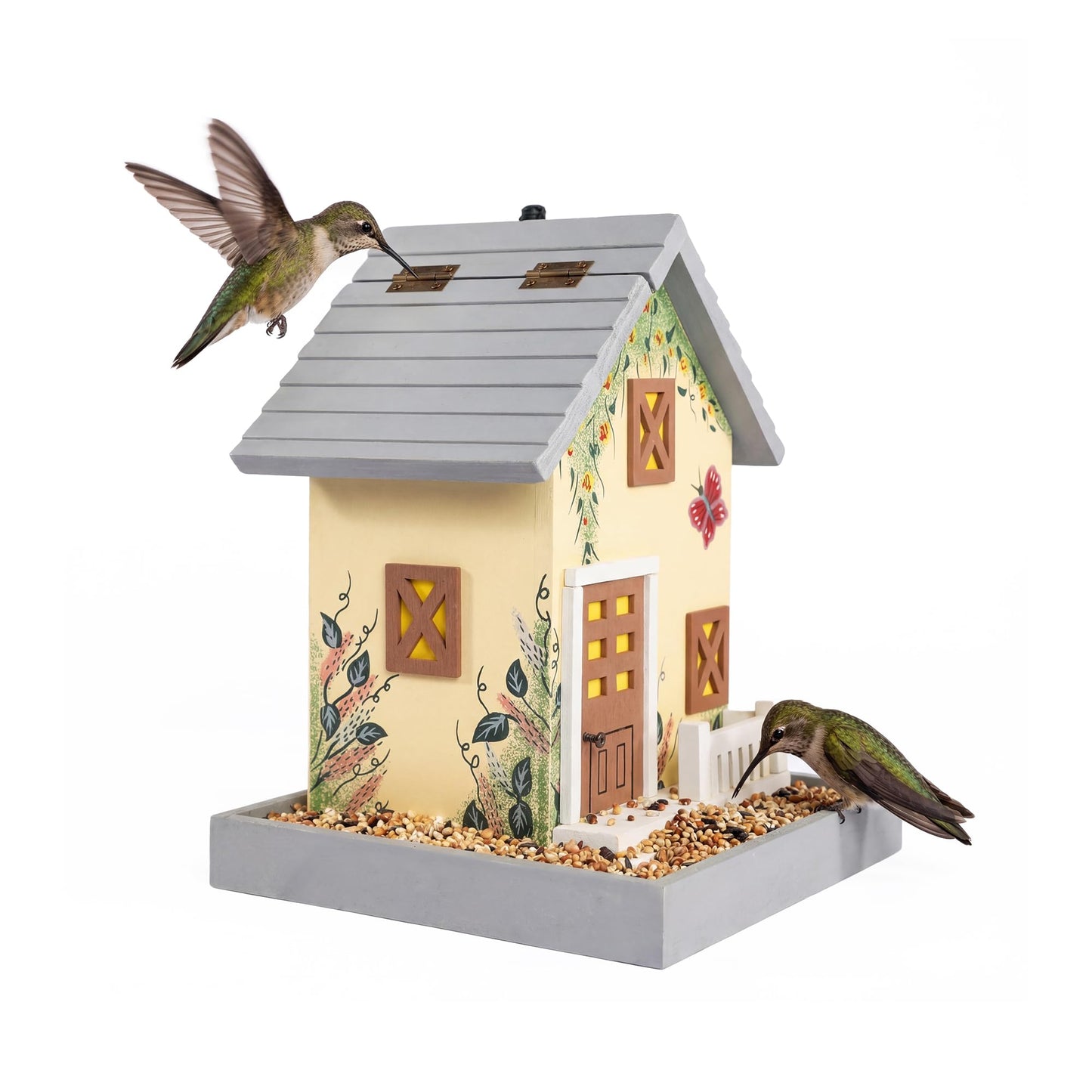 MEWANG Outdoor Hanging Bird Feeder, Decorative Wooden Bird House Without Camera for Hummingbirds, Cardinals & Bluebirds (Light Yellow)