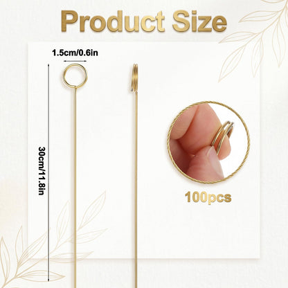 Oqqlin 100 Pcs Floral Card Holder Picks Bulk, 12 Inch Metal Wire Flower Place Card Sticks Round Picture Memo Clip Holder for Wedding, Party, Birthday, Baby Shower Supplies