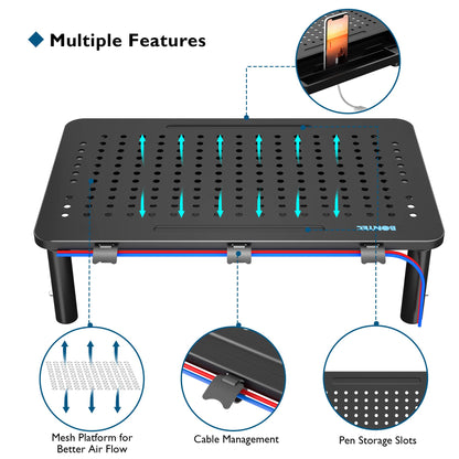 BONTEC 1 Pack Adjustable Monitor Stand Riser with Drawer, Ergonomic Mesh Platform Computer Monitor Stand for Desk, Ventilated Laptop and PC Stand with Cable Management, Supports up to 44lbs