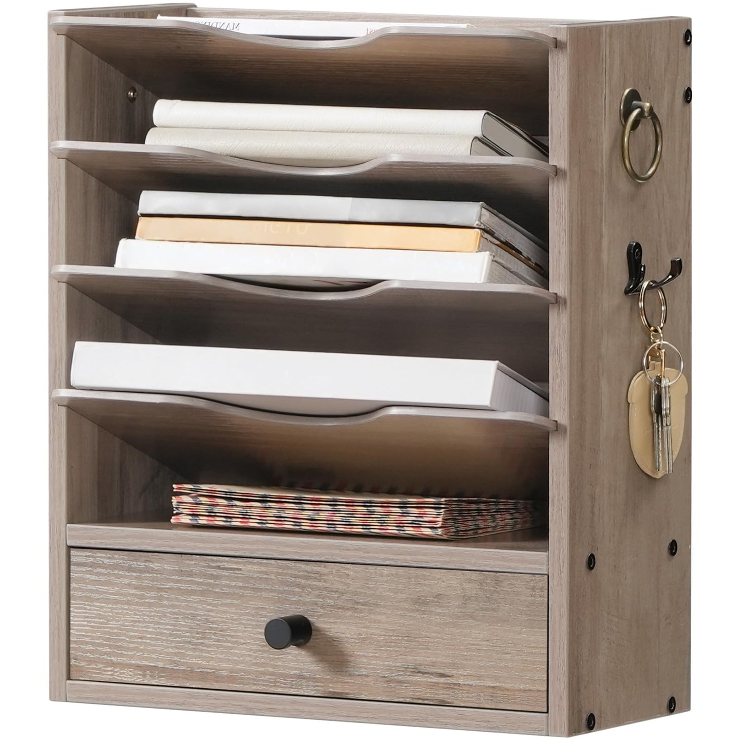 HOOBRO Wall File Organizer, Mail Organizer Wall Mounted, Wooden Mail Sorter, Construction Paper Holder with Drawer Storage and 2 Hooks, for Office, Classroom, Home, Greige BG14WF01