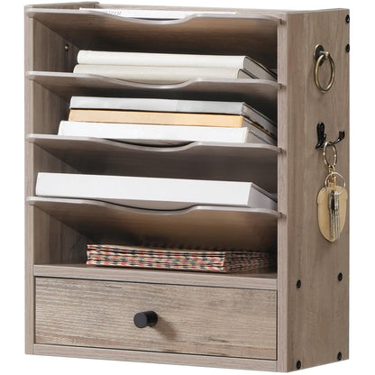 HOOBRO Wall File Organizer, Mail Organizer Wall Mounted, Wooden Mail Sorter, Construction Paper Holder with Drawer Storage and 2 Hooks, for Office, Classroom, Home, Greige BG14WF01