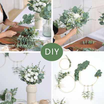 110 Pcs 7 Kinds Mixed Artificial Eucalyptus Stems and Faux Flowers,Fake Silver Dollar Eucalyptus Leaves Stems Bulk Soft Textured Leaf Branches for DIY Bouquets Floral Arrangement Wedding Home Decor