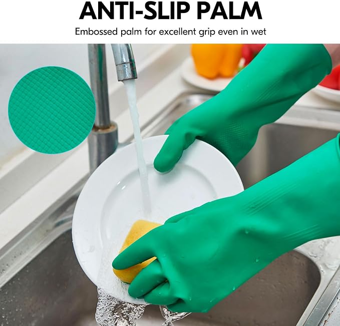 Vgo... 5-Pairs Reusable Household Gloves, Rubber Dishwashing gloves, Extra Thickness, Long Sleeves, Kitchen Cleaning, Working, Painting, Gardening, Pet Care (Size M, Green, HH4601)