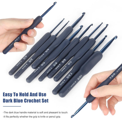 Coopay Dark Blue Crochet Hooks Ergonomic Soft Grips, 9PCS Crochet Set Aluminum Crochet Needle for Beginners/Professionals, Ergonomic Crochet Hook Set for Arthritic Hands, Ideal Crochet Accessories