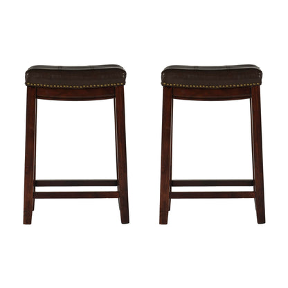 Linon Kingston Brown Wooden Backless 26.5 Inch Seat Height Counter Stool with Brown Faux Leather Upholstered Seat and Nailheads