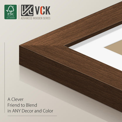 VCK 8x10 Picture Frame with Glass - 4 Pack, Display Pictures 5x7 with Mat or 8 x 10 without Mat - Wall and Tabletop, 8 by 10 Photo Brown Wooden Frames