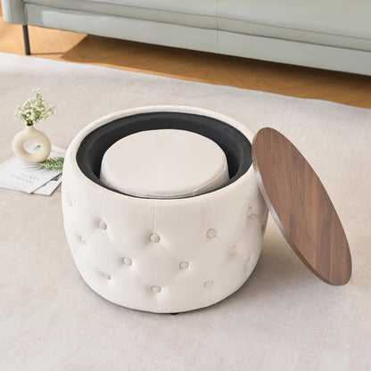 KEIKI Luxurious Velvet Nesting Ottomans of 2, 4-in-1 Round Storage Foot Stool with Removable Wood Tray, Multi-Functional Accent Tables Set, Beige