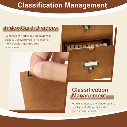 DLUGOPIS 3 Tier Index Card Holder 3x5 Wooden Card Catalog Box with 3 Drawers Brown Index Card Storage Box Flash Card Holder 25 Index Card Dividers 2 Letter Smile Stickers for Office