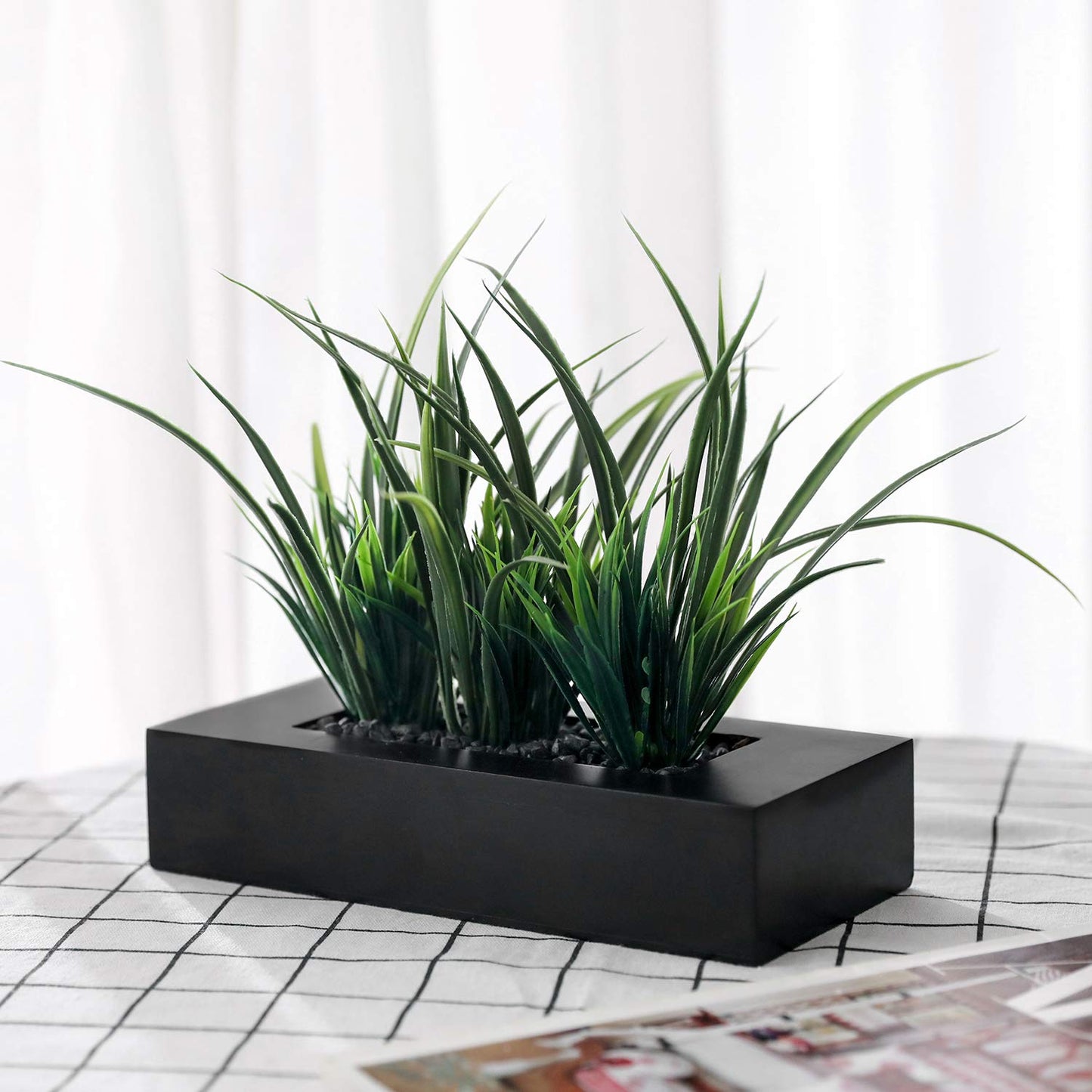 MyGift Artificial Green Grass Plants Potted in 9-inch Matte Black Wood Decorative Planter, Tabletop Faux Greenery in Wooden Rectangular Pot Centerpiece Décor