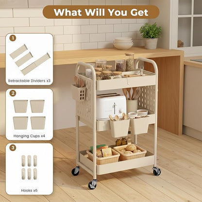 danpinera 3 Tier Rolling Cart with Retractable Dividers, Multi-Functional White Rolling Utility Cart with Pegboards, Hooks & Hanging Cups for Nursery, Living Room, Studio