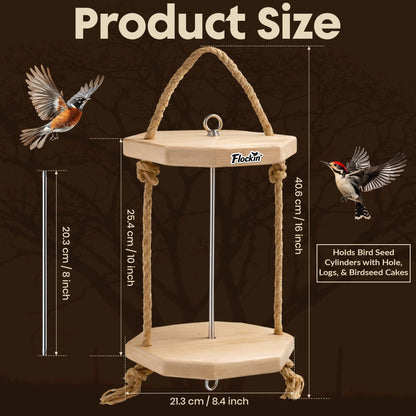 Cylinder Bird Feeders for Outdoors - Weather Resistant Wood Cylinder Feeder with a Bird Safe Protective Clear Finish - Holds Bird Seed Cylinders with Hole, Logs, & Birdseed Cakes