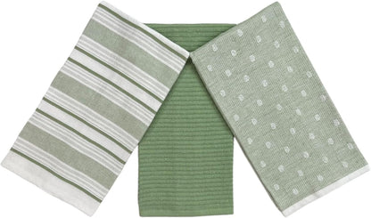 Sage Green White Kitchen Hand Dish Towels: Oversized 28" x 16", 100% Cotton
