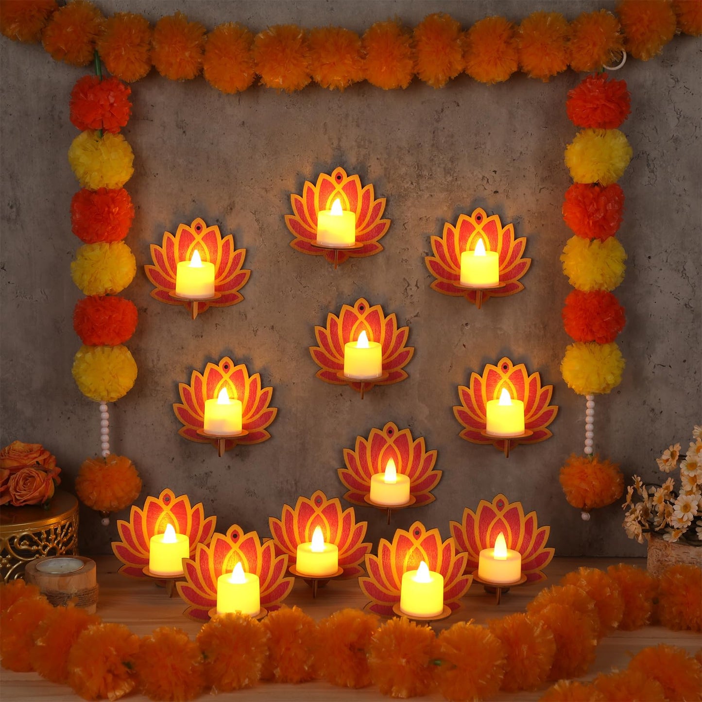 Yalikop 12 Pack Diwali Decoration 4 x 4 Inch Jharokha Lotus Design Wooden Candle Holder Tea Light Diya Holder Traditional Lotus Box Decor for Deepavali Decoration Festive Wall Decor DIY Craft