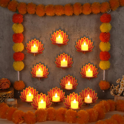 Yalikop 12 Pack Diwali Decoration 4 x 4 Inch Jharokha Lotus Design Wooden Candle Holder Tea Light Diya Holder Traditional Lotus Box Decor for Deepavali Decoration Festive Wall Decor DIY Craft