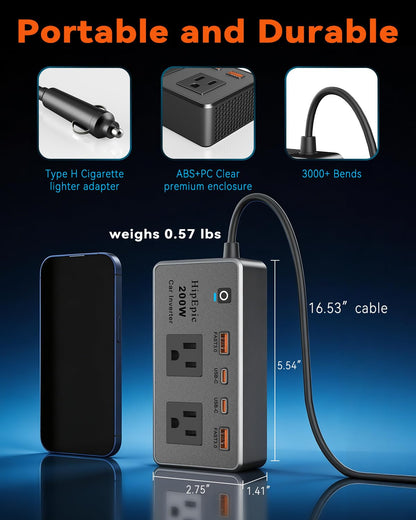 HipEpic 200W Car Power Inverter 12V to 110V Fast Charging, Car Outlet Adapter to Plug 24W USB A/C & Dual AC - 6 in 1 for Laptop Phone, Power Inverters for Vehicle Road Trips Camping (Silver-Black)