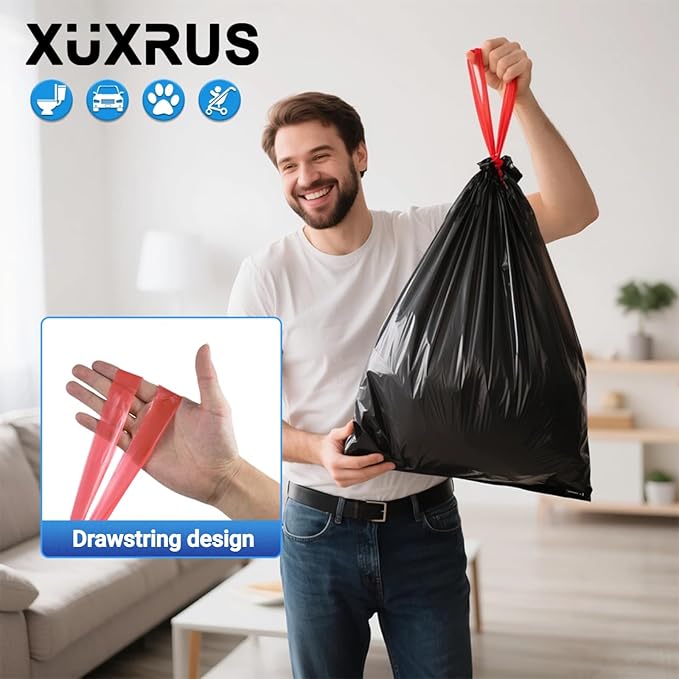 XUXRUS Small Black Bathroom Trash Bags 4 Gallon Drawstring Garbage Bags