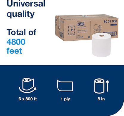 Tork Paper Hand Towel Roll White H80, 100% Recycled Fiber, 6 Rolls x 800 ft