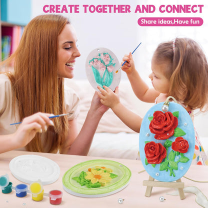Plaster Painting Kit for Kids & Adults with 3D Ready-to-Paint Ceramic Flowers, 12 Paints, Pearl Stickers & More Bulk Party Favors Birthday Mother’s Day Gifts Home Decor