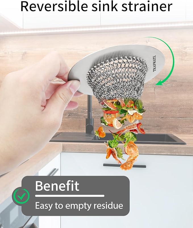 TRAPMATE Kitchen Sink Drain Strainer, Reversible Chain Mesh Sink Strainer