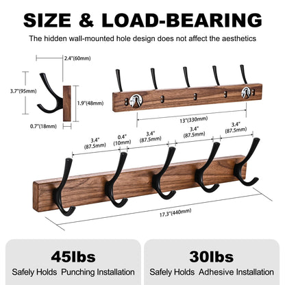 LECHYN 2 Pack 17.3" Small Walnut Wood Coat Rack Wall Mount with 5 Hooks, Heavy Duty Wooden Jacket Hanger Door Mounted for Decorative Entryway and Bathroom Hanging Towel Backpack Purse Clothes Hat Key