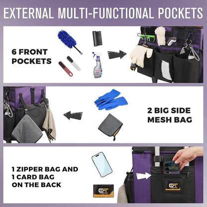 SCAVATA Rolling Cleaning Caddy Bag with Detachable Trolley, Large Cleaning Supplies Organizer with Wheels, Multi Pocket Cleaning Cart with Adjustable Shoulder Strap for Housekeeper & Home, GrapePurple