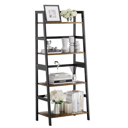 HITNET Ladder Shelf, 4 Tier Bookshelf with Bamboo Frame, Freestanding Bathroom Storage Shelving Unit for Living Room, Home Office, Bedroom, Rustic Brown and Black