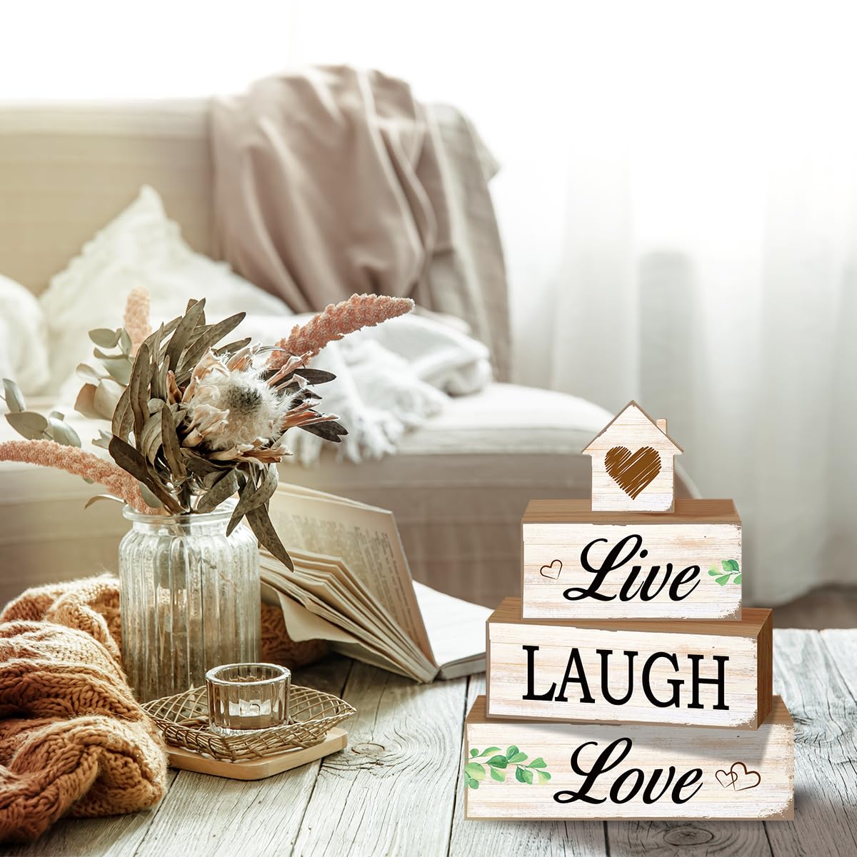 4 Pcs Sweet Home Table Decoration,Live Laugh Love Wooden Block Signs,Farmhouse Table Centerpiece for Living Room Entryway Table Mantel Kitchen Counter Decor