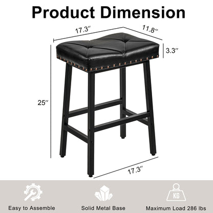 VECELO 25 inch Counter Height Stools for Kitchen Island, 3.3'' Thick PU Upholstered Saddle Seats, Backless Bar Chairs with Metal Base, Black