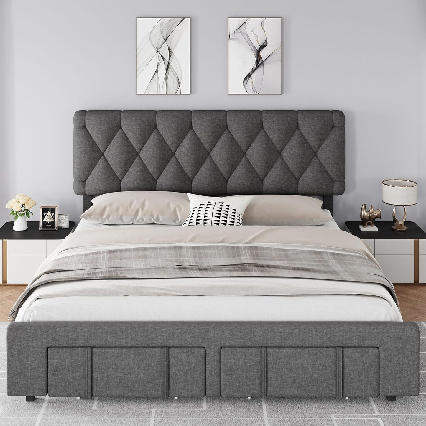 IDEALHOUSE Upholstered King Size Bed Frame, Velvet Platform Bed Frame with Storage Drawers, Mattress Foundation with Solid Wooden Slats Support, No Box Spring Needed, Grey