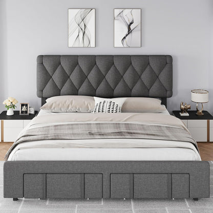 IDEALHOUSE Upholstered King Size Bed Frame, Velvet Platform Bed Frame with Storage Drawers, Mattress Foundation with Solid Wooden Slats Support, No Box Spring Needed, Grey