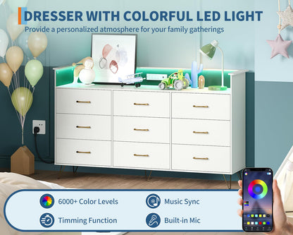 Tall 9-Drawer TV Stand Dresser with RGB Lights & Charging Station, Modern Wooden Storage Chest for Bedroom, 3 Outlets & 2 USB Ports, Large Closet Organizer, Black, 36.6" w x 62.8" h x 16.7" d