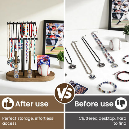 kulusion Baseball Display Case for Ball and Cards, 4-in-1 Necklace Ring Jewelry Stand, Sports Fan Display Organizer Case for MLB Collectibles, Gift for Baseball Lovers(Rustic Wood & Solid Metal)
