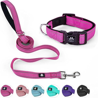 NESTROAD Dog Collar and Leash Set,Reflective Dog Collars with Quick Release Buckle,Adjustable Nylon Pet Collar for Small Medium Large Dogs(Large,Fuchsia Pink)