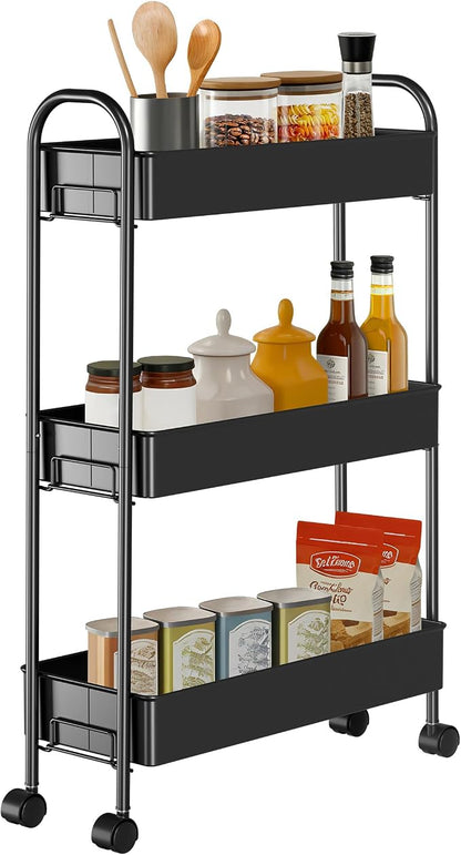 Slim Rolling Cart, Metal Frame Utility Rolling 3-Tier Narrow Storage Cart with Handle Kitchen Storage Organizer, Mobile Shelving Unit for Bathroom Kitchen